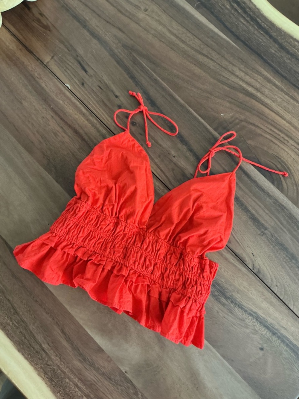 Sim & Sam Smocked Ruffle Tie-Shoulder Crop Top Size Small